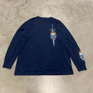 Vintage y2k 90s blue longsleeve skull flaming dragon grunge shirt